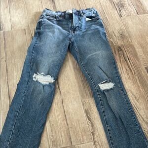 Blue Straight Jeans with Distressed Knees and Fading
